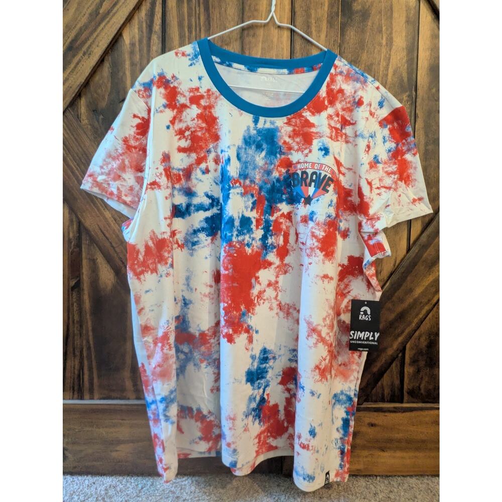 NWT RAGS Patriotic Red White Blue Tie dye Splatter Home of the Brave T-Shirt XXL